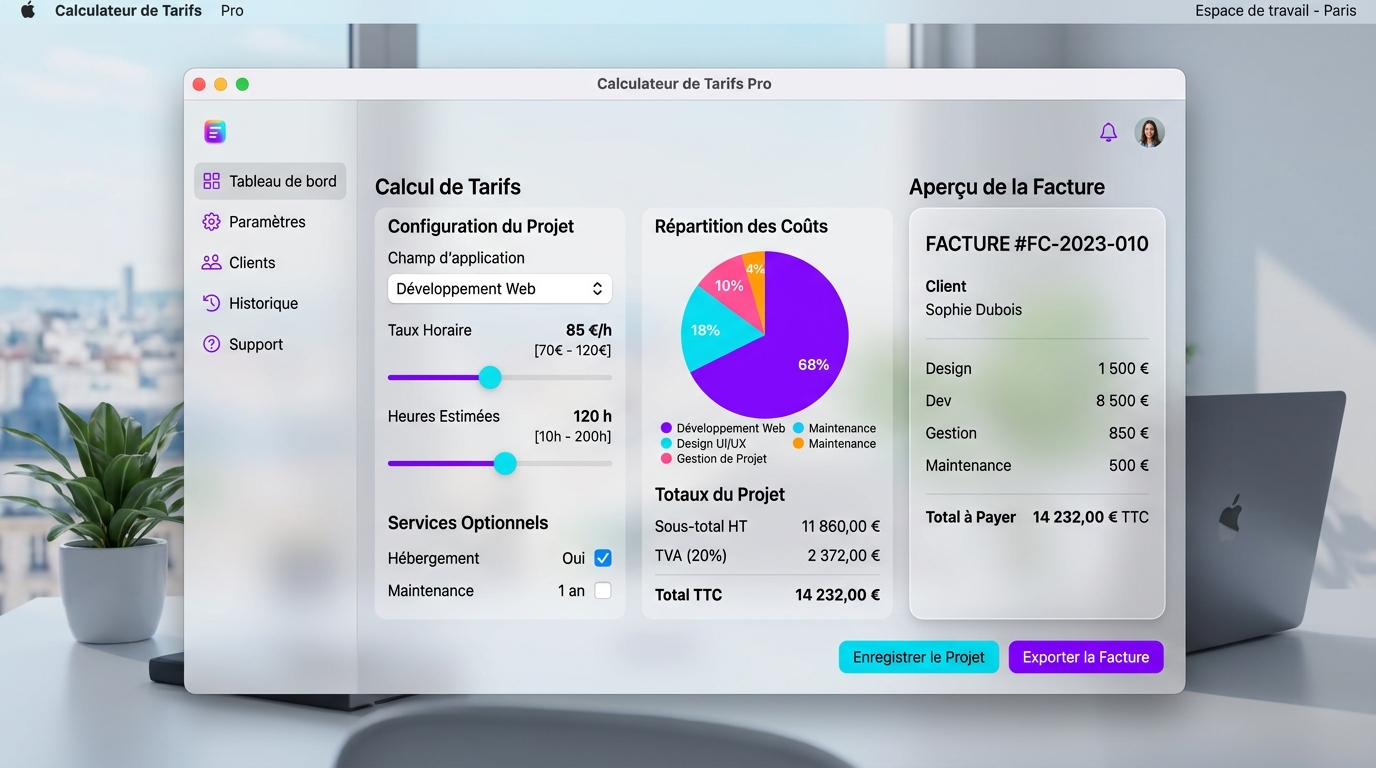 Interface du logiciel Calculateur de Prix Professionnel — tableau de devis avec calcul automatique de TVA