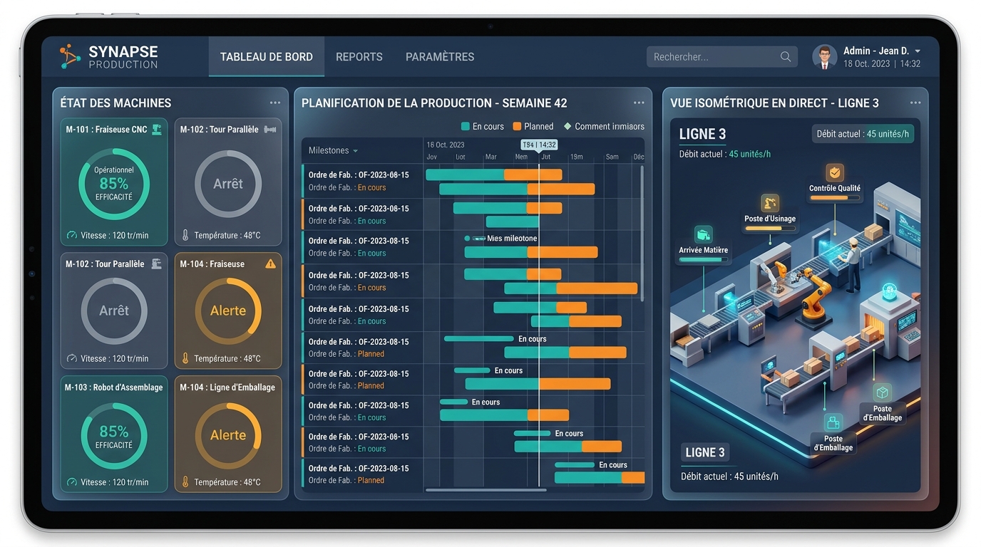 Dashboard du logiciel de Gestion de Production — tableau Kanban et KPI de performance