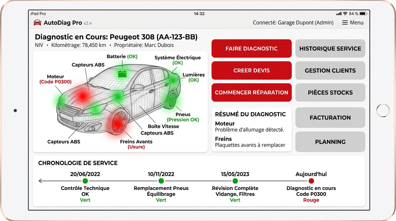 Interface du logiciel de gestion automobile — fiches véhicules et historique d'entretien