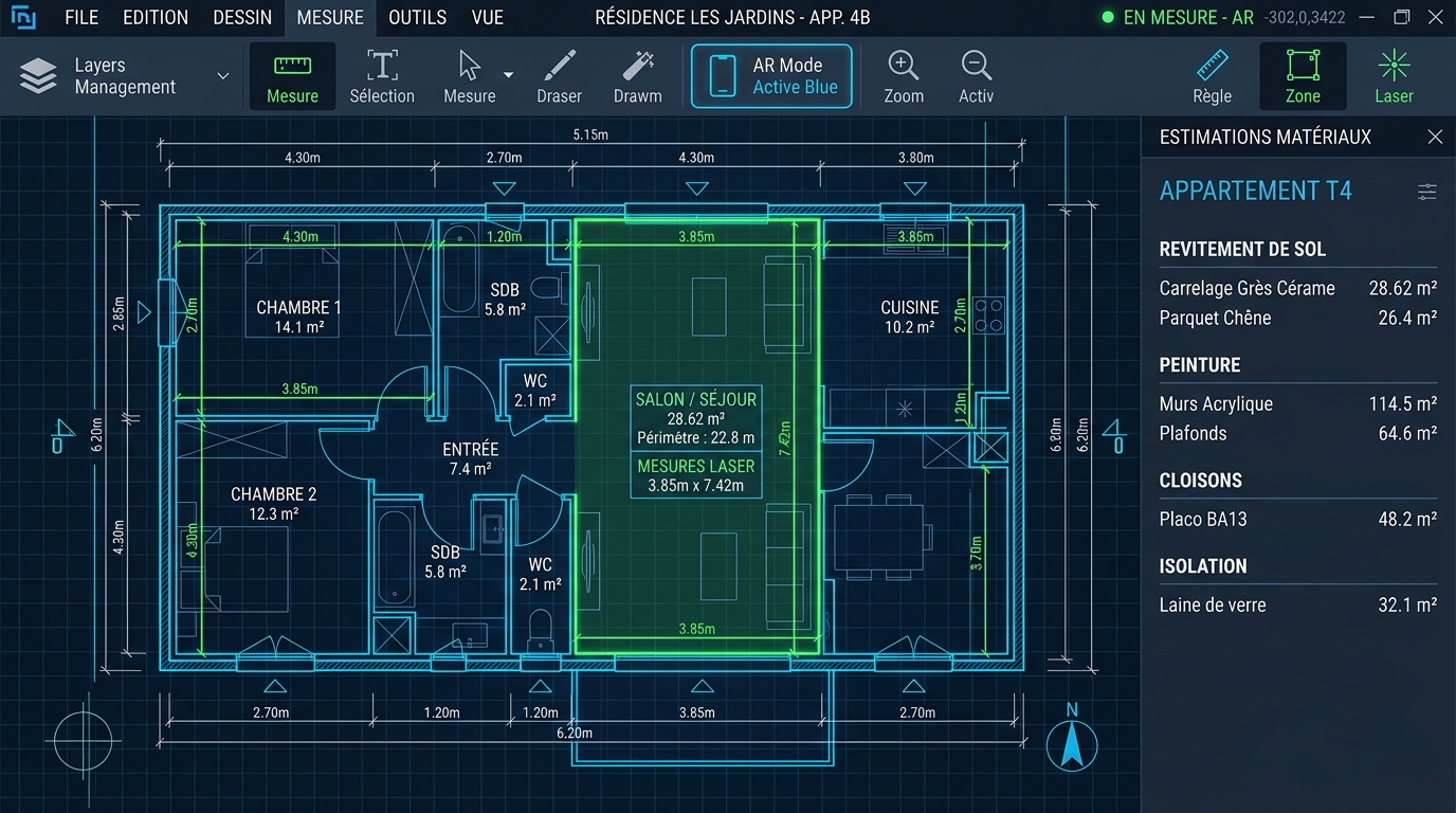 Interface du logiciel de calcul de métrés — plan schématique et calcul de surfaces